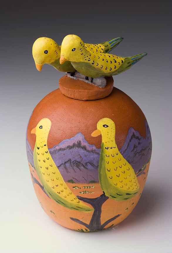 Dawn Ngala WHEELER Lyerrtjina- budgie family 2008 terracotta with underglazes 27.0 x 17.0cm Gift of James and Judy Hart 2009 Newcastle Art Gallery collection