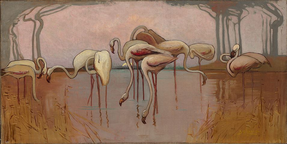 Sydney Long 'Flamingoes' 1907 oil on canvas National Gallery of Australia, Canberra, acquired with the assistance of the Masterpieces for the Nation Fund 2006 Reproduced with the kind permission of the Ophthalmic Research Institute of Australia