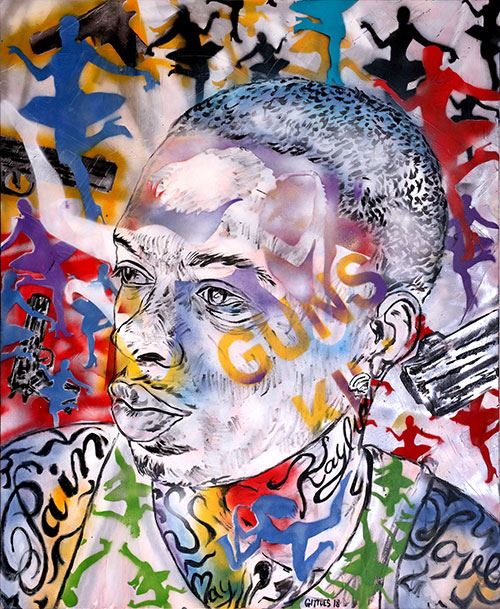 George GITTOES Soljah, Love and Pain 2019 stencils, oil on canvas 152.5 x 122.5cm Artist collection Courtesy the artist