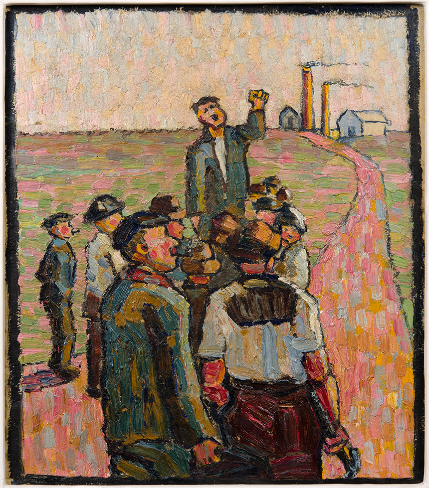 Grace COSSINGTON SMITH Strike c1917 oil on paper mounted on hardboard 23.0 x 20.1cm Purchased with assistance from the Art Gallery and Conservatorium Committee 1967 Newcastle Art Gallery collection Courtesy the estate of Grace Cossington Smith