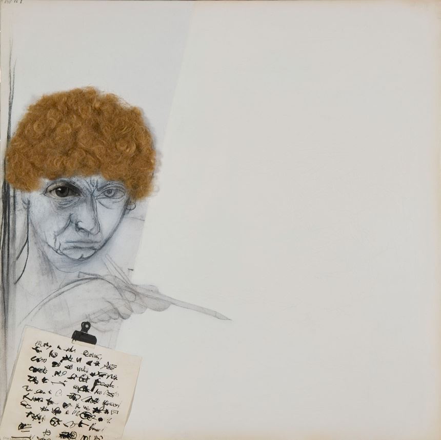 Brett Whiteley 'Self portrait as Gertrude Stein' 1988 mixed media on canvas, 76.0 x 76.0 cm presented at the Lady Mayoress’ Fundraising Dinner by Dr William Bowmore AO, OBE 2006 Newcastle Art Gallery collection